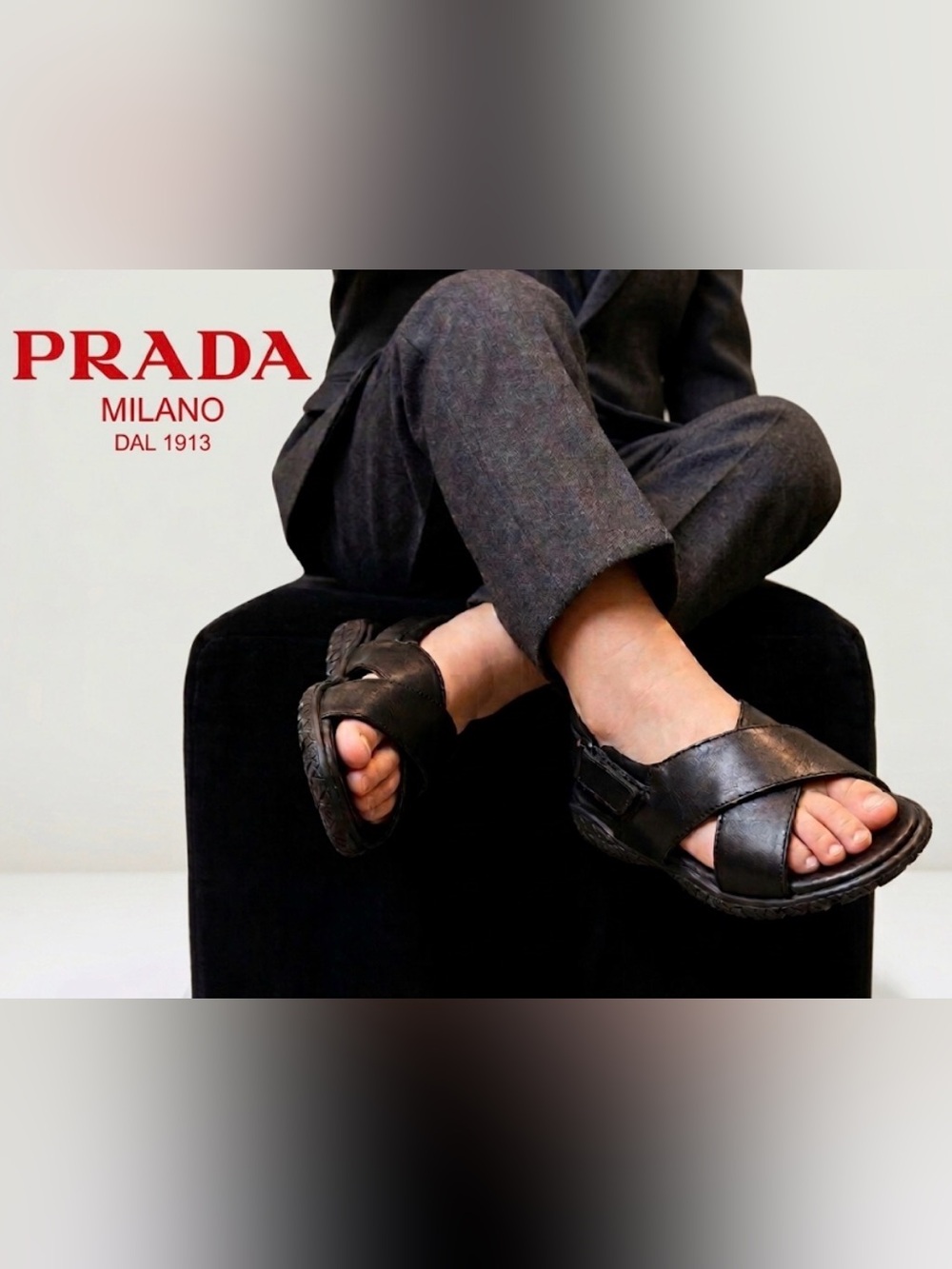 Authentic Prada luxury designer brand toddler boys black leather sandals sz 9